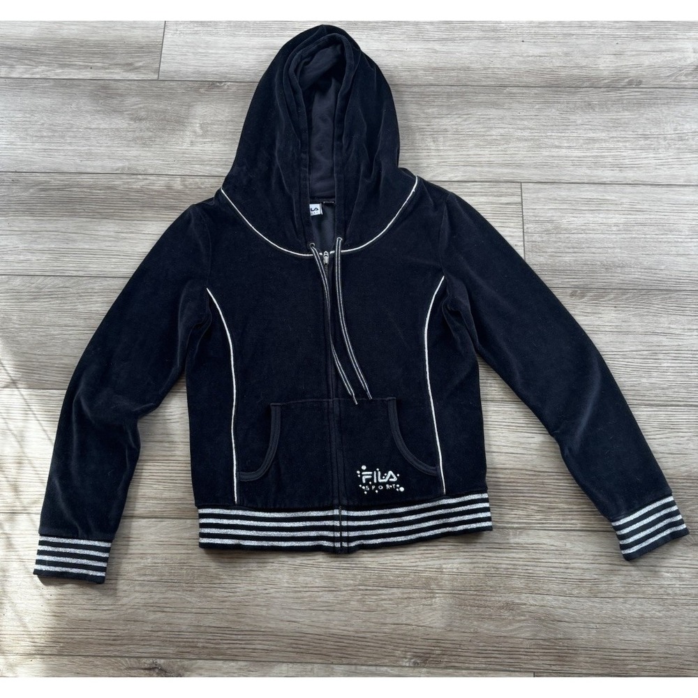 VTG Woman's Fila Sport Black Velour Zip-up Hoodie L Y2K Retro Streetwear